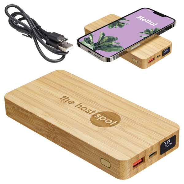 Custom Bamboo 10000mAh Dual Port Power Bank with Wireless Charger