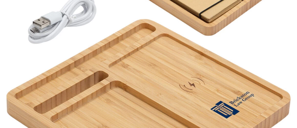 Custom Bamboo Desk Organizer with 5W Wireless Charger