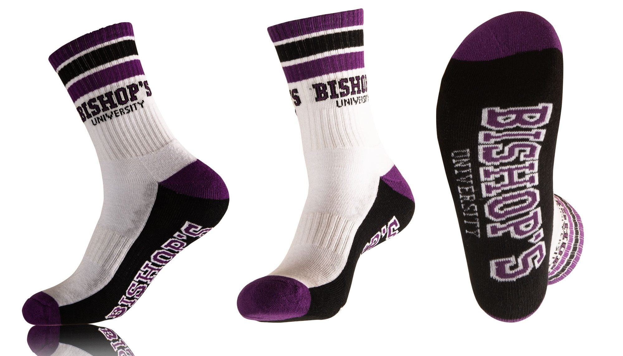 Custom university athletic crew socks featuring Bishop's University branding in purple, black, and white.