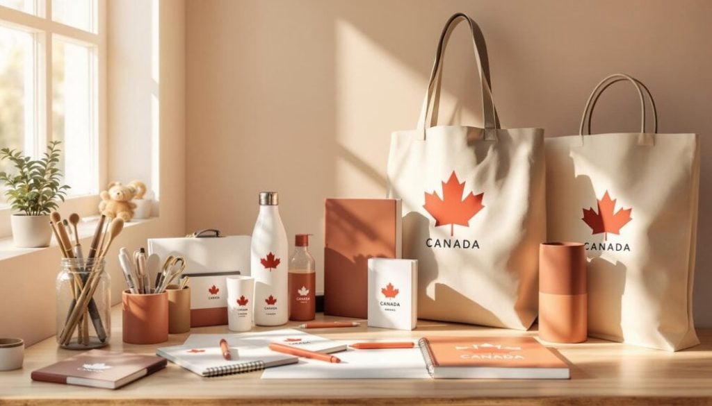 Various Canada-themed stationery and bags displayed on table.