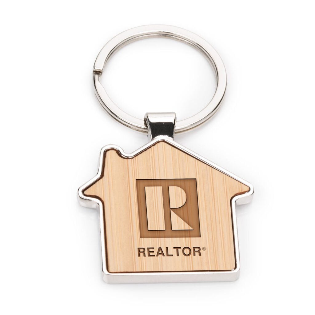 House-shaped keychain with realtor logo