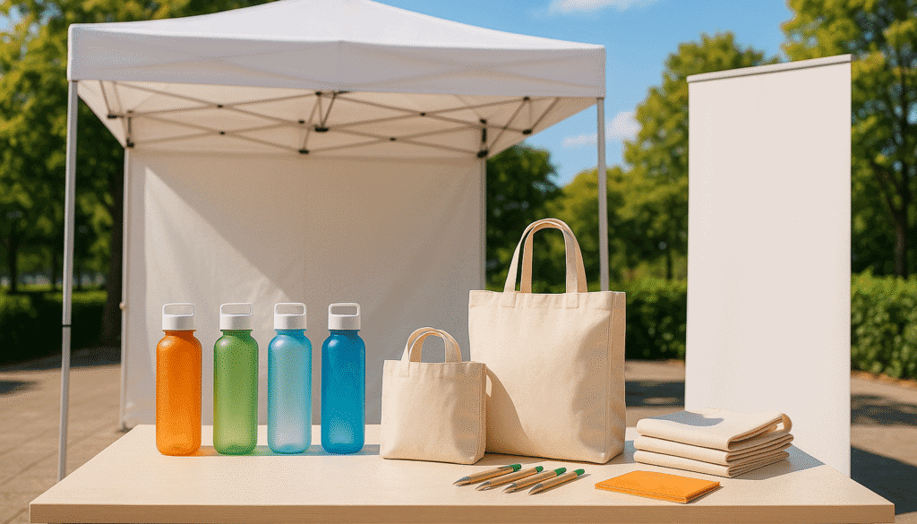 Eco-friendly products display under outdoor canopy.