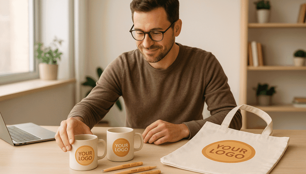 Man with promotional items: mugs, pens, tote bag.