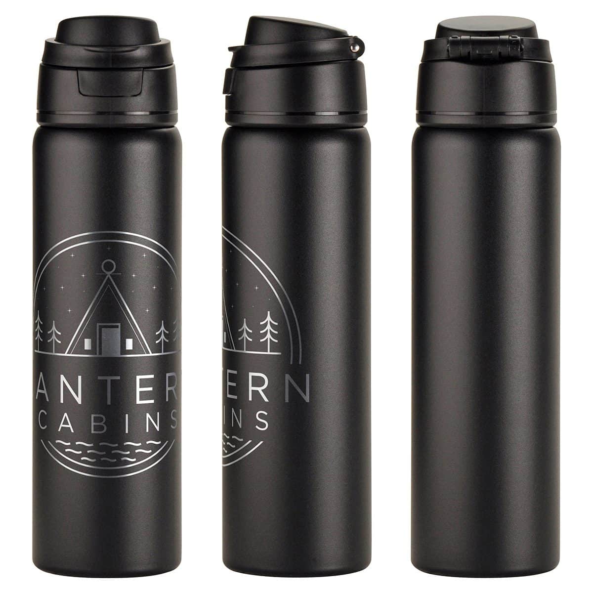 Set of three black stainless steel vacuum insulated bottles with custom logo for outdoor use.