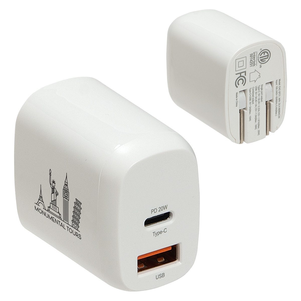 Compact white USB-C charger with dual ports, ideal for fast charging devices on the go.