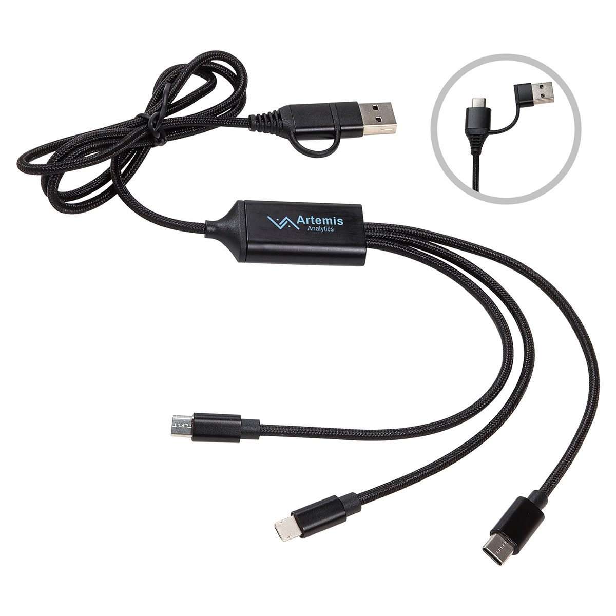 Versatile 3-in-1 charging cable for multiple devices, ideal for promotional branding and tech accessories.
