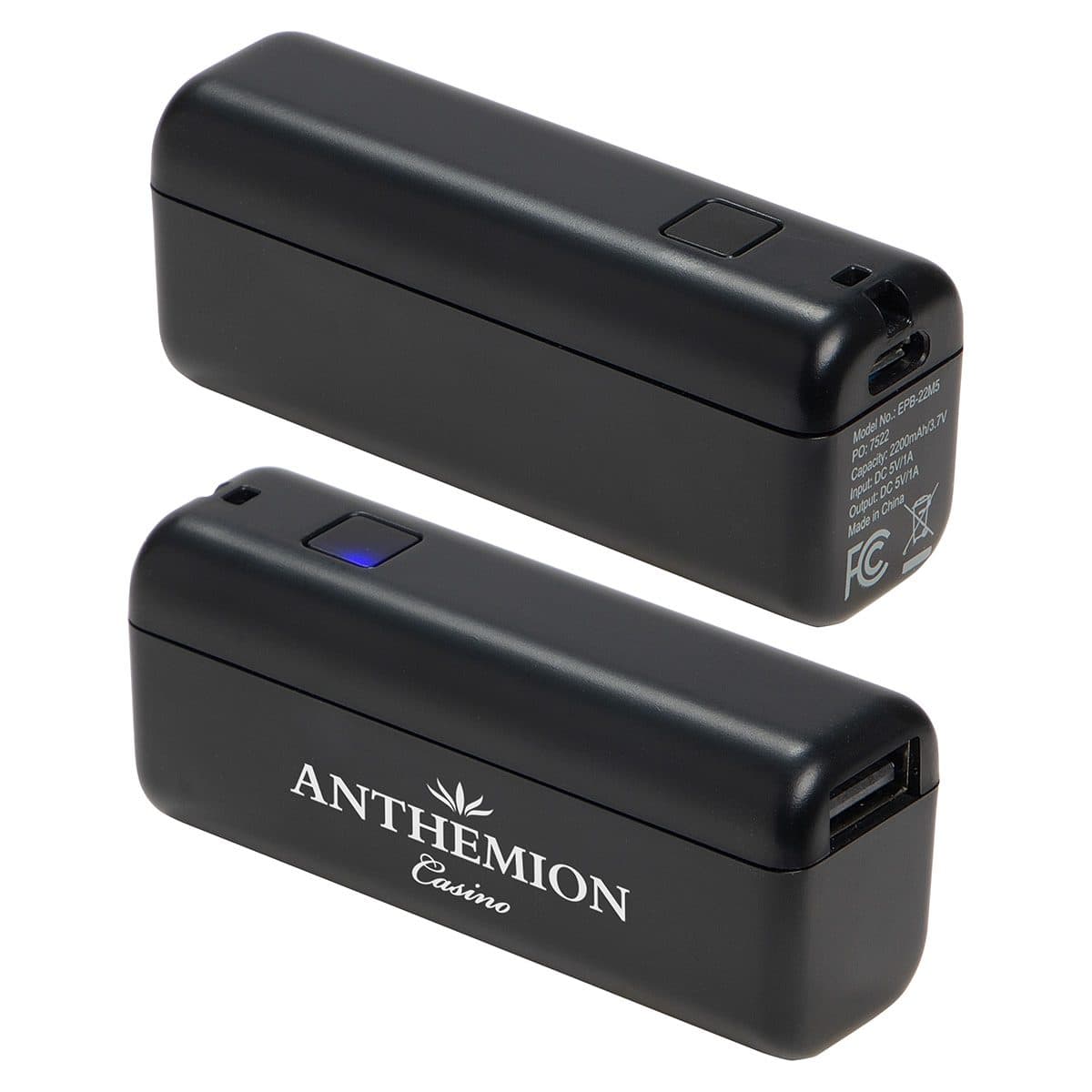 Compact black power bank with USB port, ideal for charging mobile devices on the go.