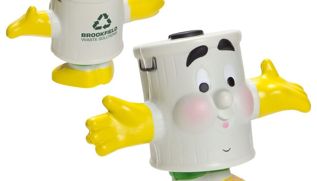 Custom Mr Recycle stress reliever toy with cheerful expression and recycling logo.