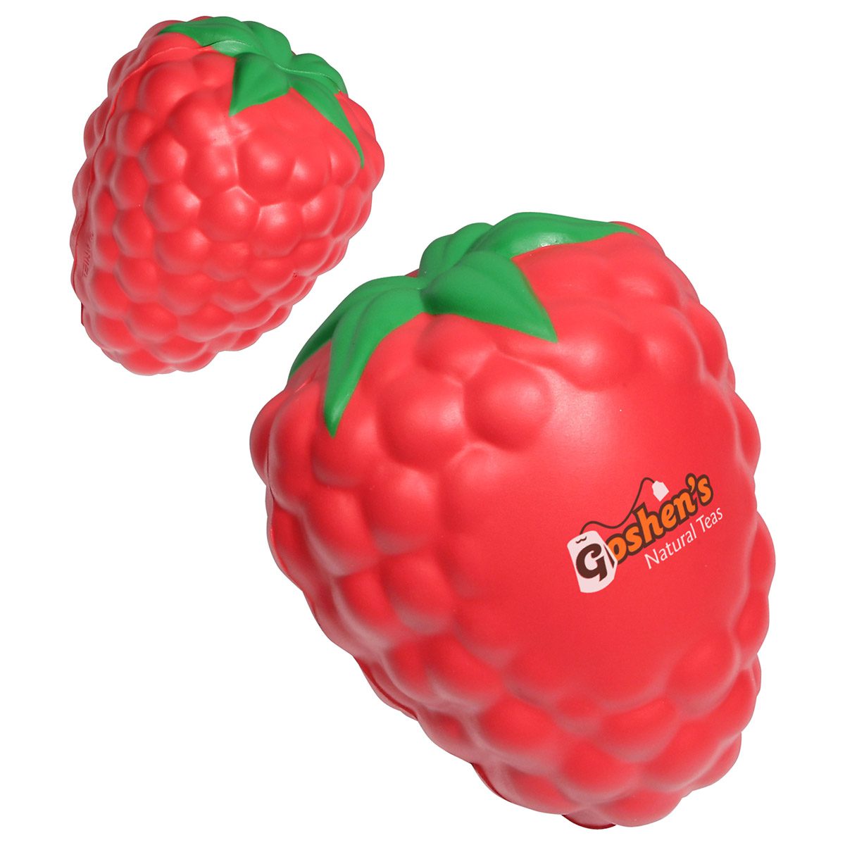Raspberry-shaped stress ball with green leaves, ideal for stress relief and relaxation.