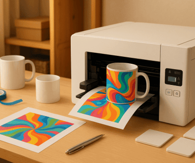 Colorful mug printing on office desk