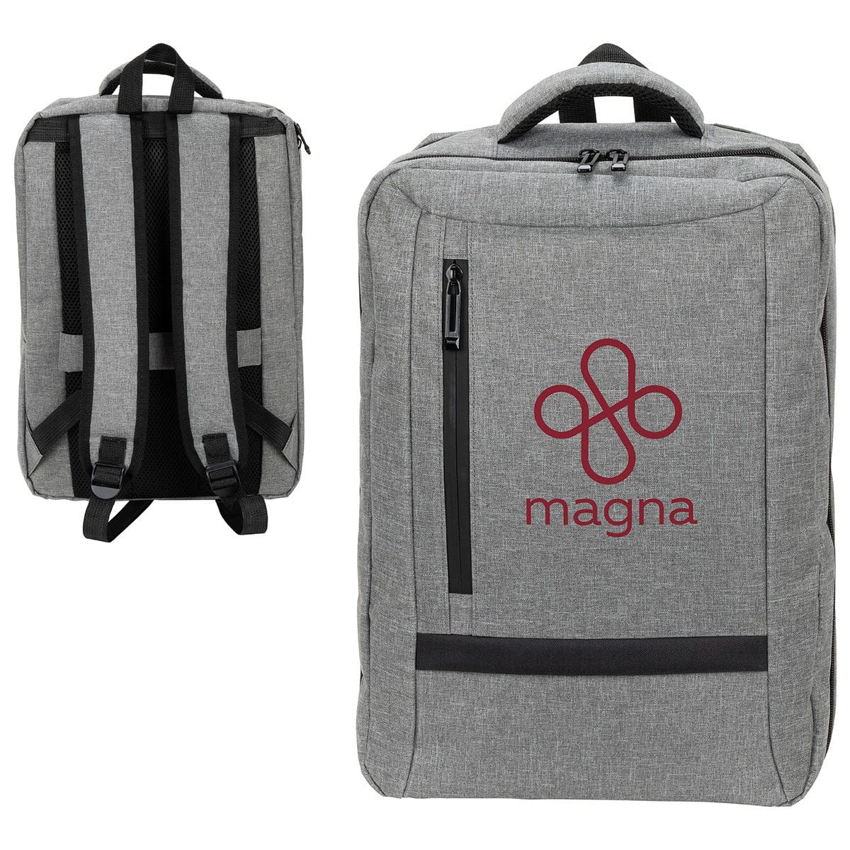 Modern grey travel backpack featuring Magna logo, multiple zippered compartments, and ergonomic design.