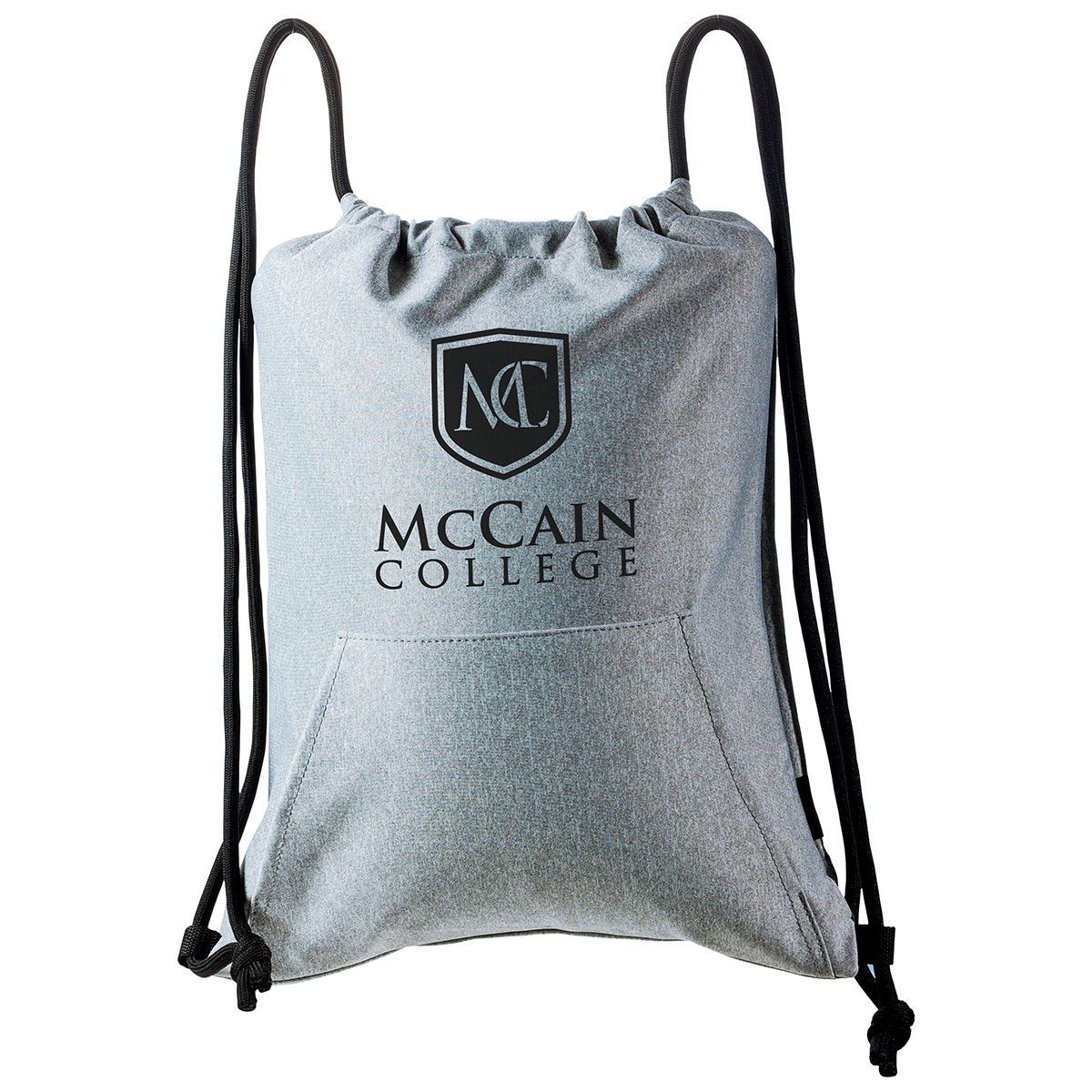Gray fleece drawstring backpack featuring McCain College branding, ideal for promotional use and student accessories.