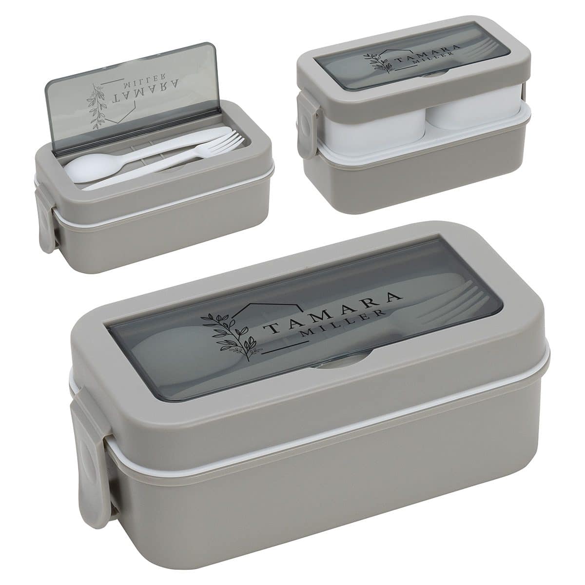 Stackable lunch box with utensils, perfect for meal prep and on-the-go dining, featuring a clear lid with Tamara Miller branding.