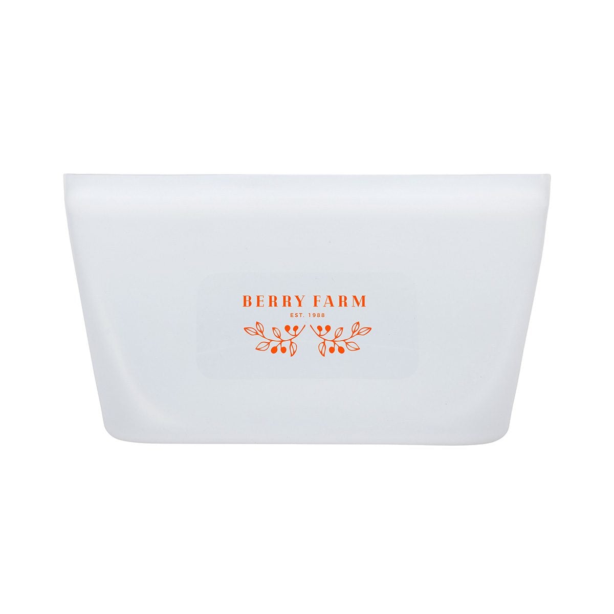 White silicone food storage pouch featuring Berry Farm logo, ideal for storing fresh produce and snacks.