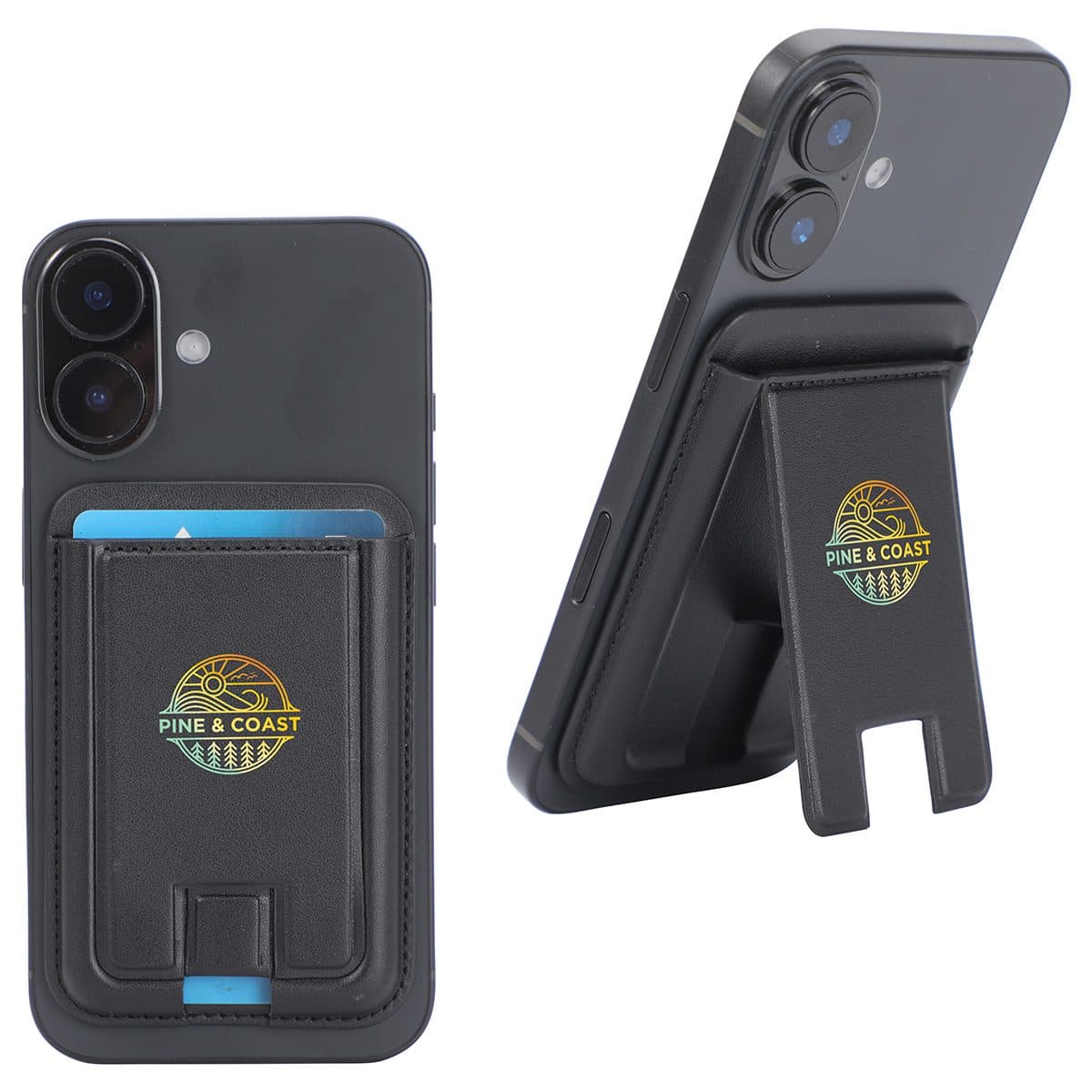 Custom Alpine 3-Card Phone Wallet with Magnetic Ring and Stand for smartphones.