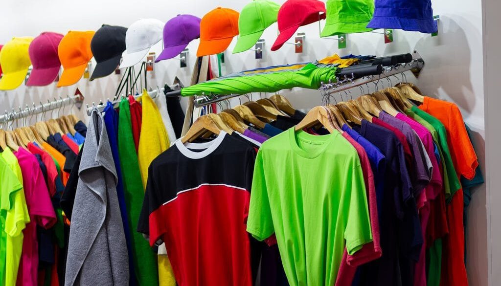 Multi-colored t-shirts and baseball caps on the window of a sports store