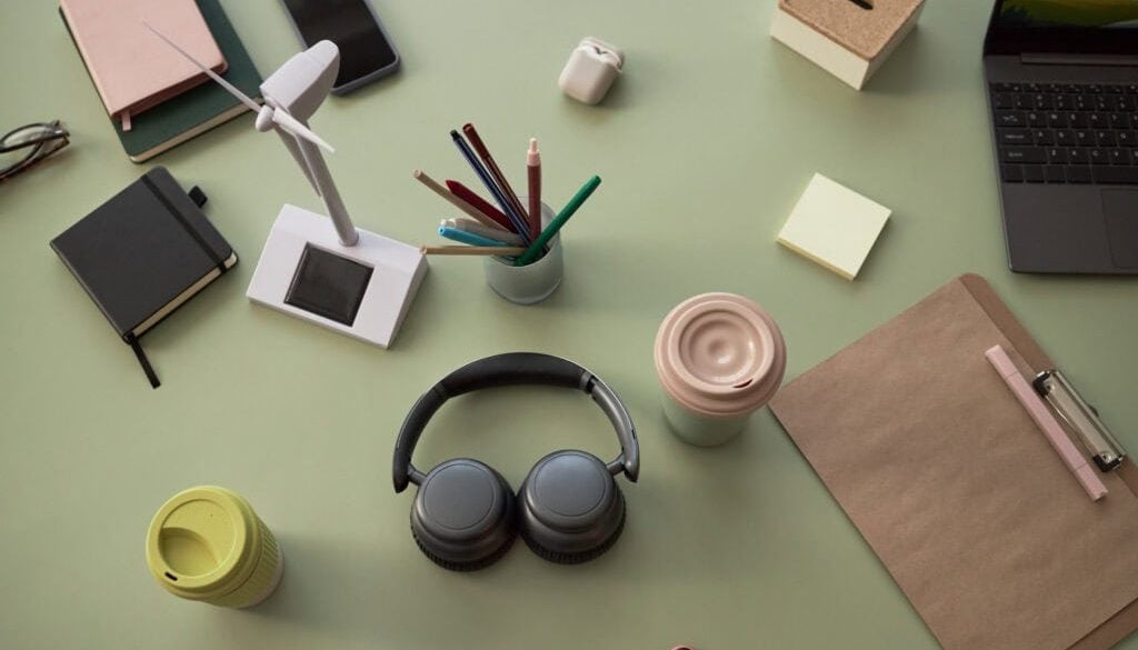 Office desk with notebooks, headphones, pens, and a laptop for branding.