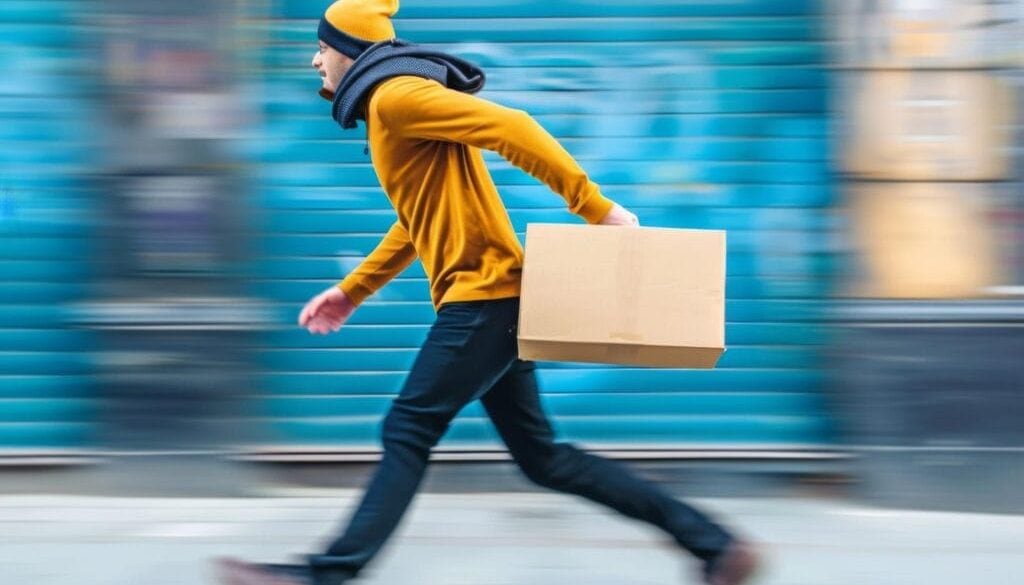 Fast-moving courier in yellow jacket carrying a box on city street.