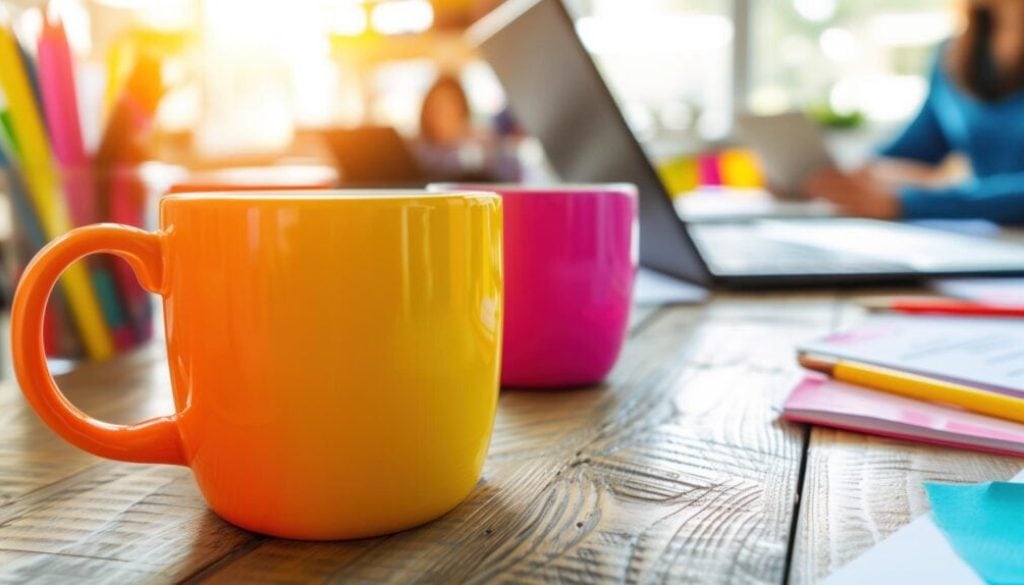 Bright orange and pink coffee mugs on a wooden table with office supplies in background.