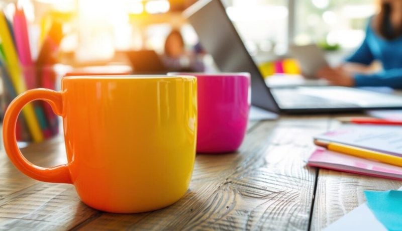 Bright orange and pink coffee mugs on a wooden table with office supplies in background.