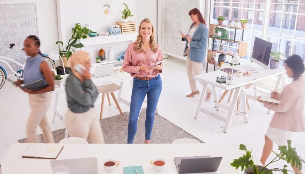 Diverse team working together in a bright, modern office space.