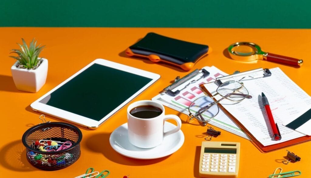 Office desk with tablet, coffee, notebook, glasses, and stationery.