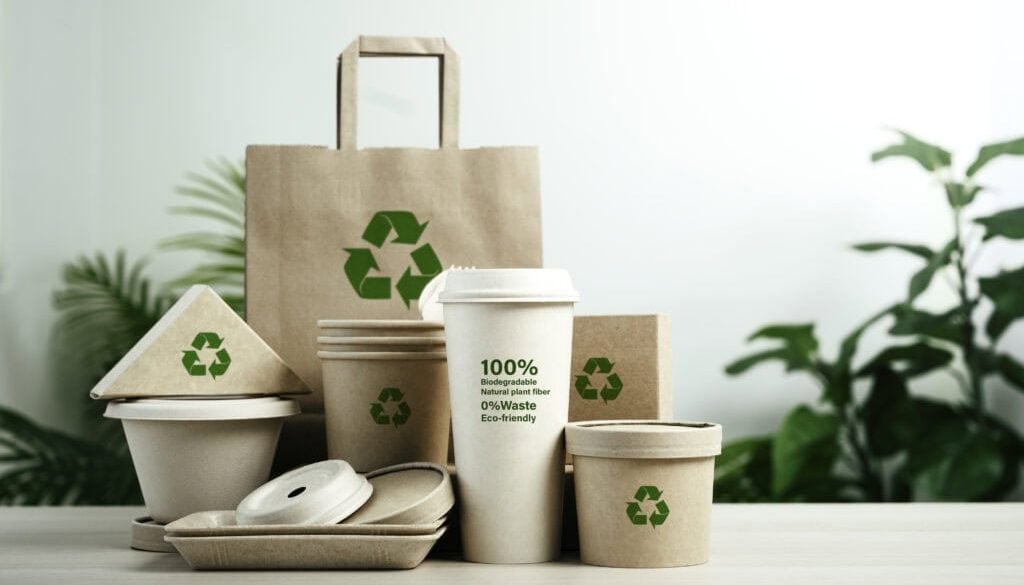 Eco-friendly biodegradable packaging and reusable containers with recycling symbols.