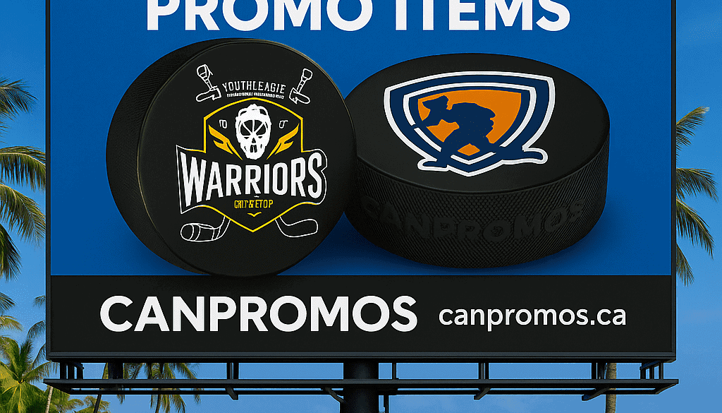 Custom hockey promo items with team logos on a billboard at the beach.