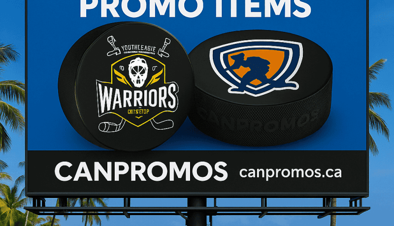 Custom hockey promo items with team logos on a billboard at the beach.