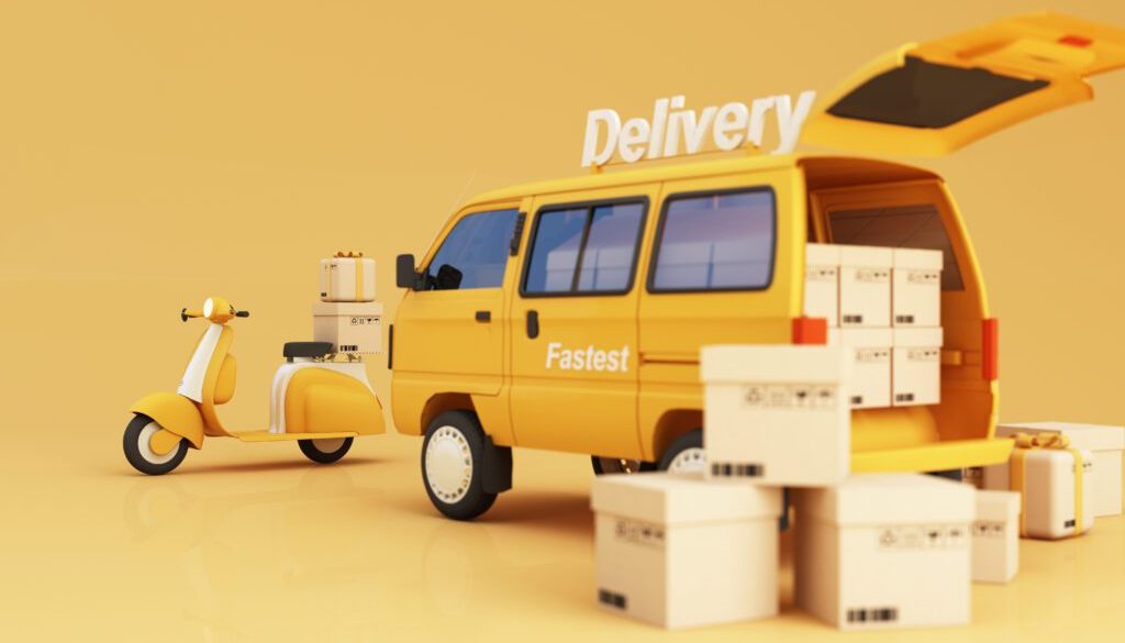 Yellow delivery van and scooter with packages for fast shipping.