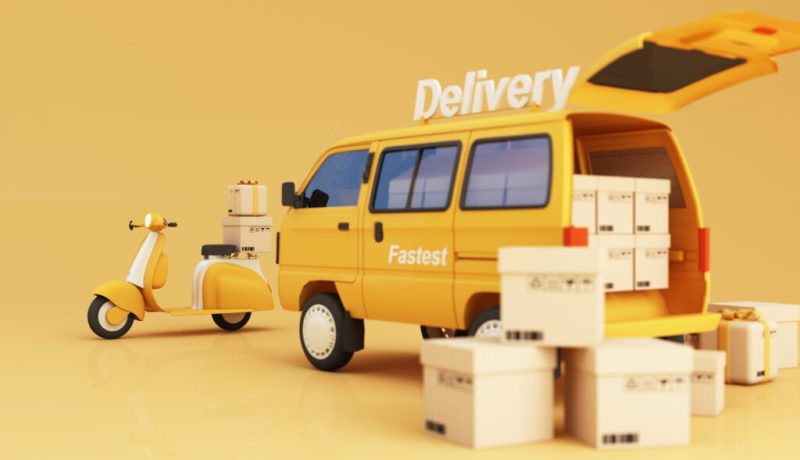 E-commerce concept Delivery service on mobile application Transportation delivery by Vans truck and motorbike scooter and product packages gift boxes yellow tone 3d rendering