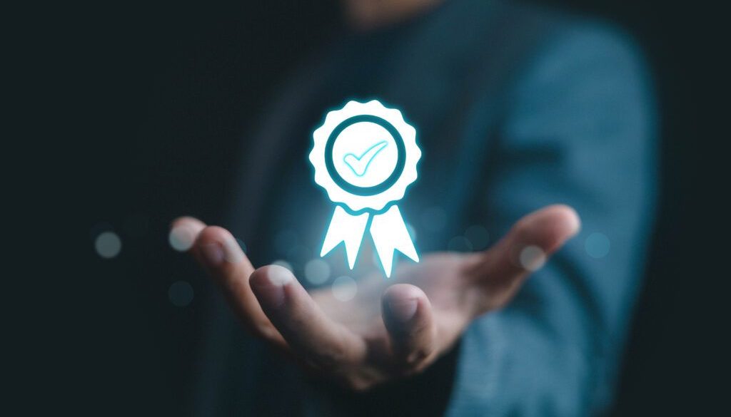 Businessman hand holding digital certification badge with check mark icon symbol of business quality assurance trust reputation professional standard marketing credibility and success