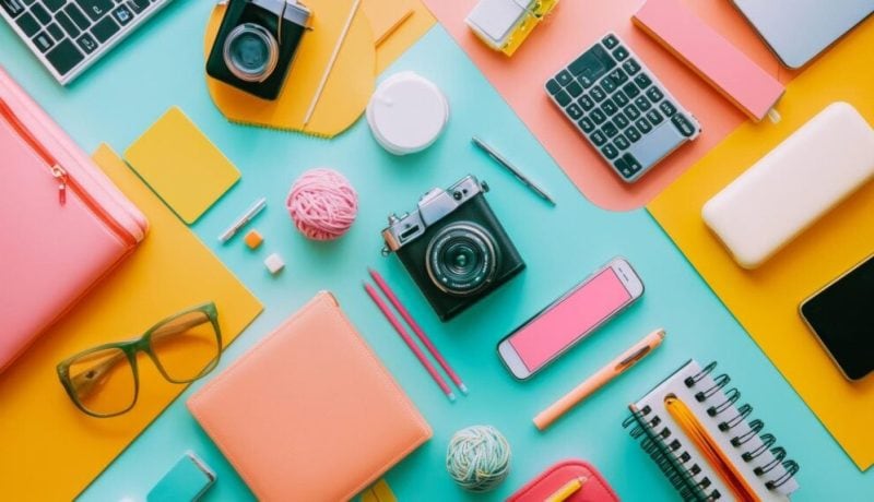 Assorted colorful office supplies and tech gadgets for branding and marketing.