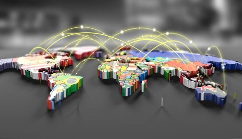Connection lines Around map with all country flags
