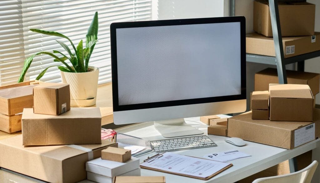 Desktop computer with blank screen standing among packed boxes