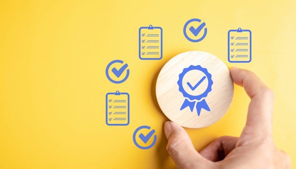 Compliance verification and quality assurance concept with approval certificate checklist symbols and document validation representing audit regulation and standard certification in business