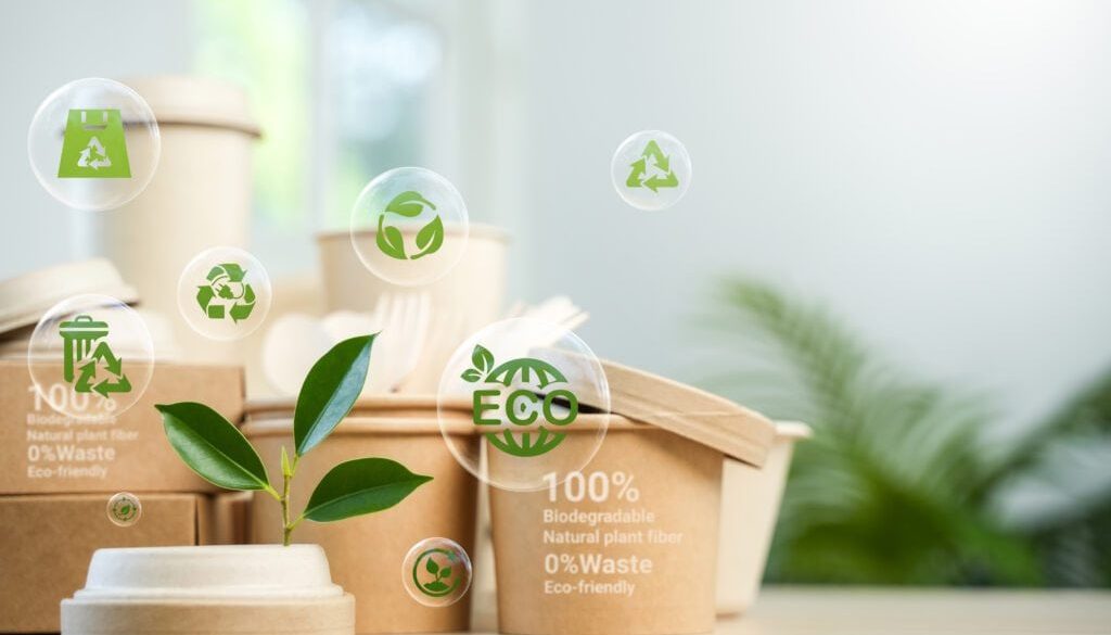 Eco-Environmentally friendly paper containers and packaging made from biodegradable materials zero waste and recycling concept green or disposable packaging