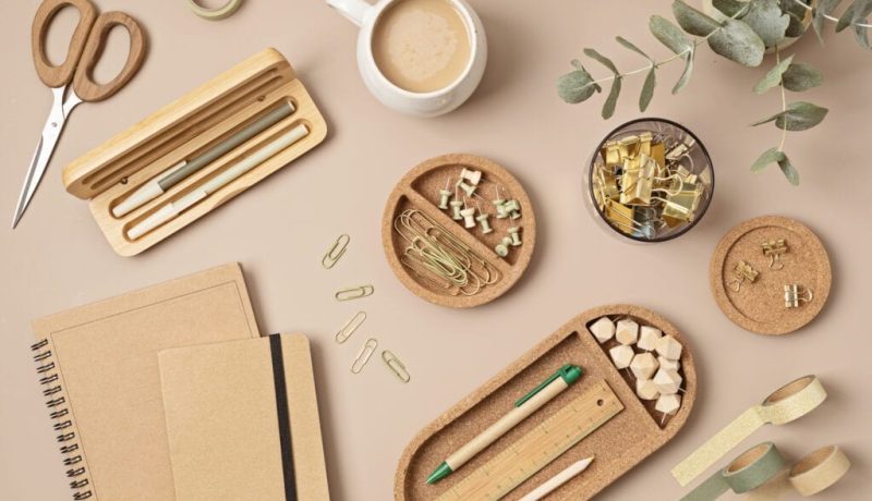 Flatlay of office supplies made of recycled materials on beige background Flat lay top view photo mock up