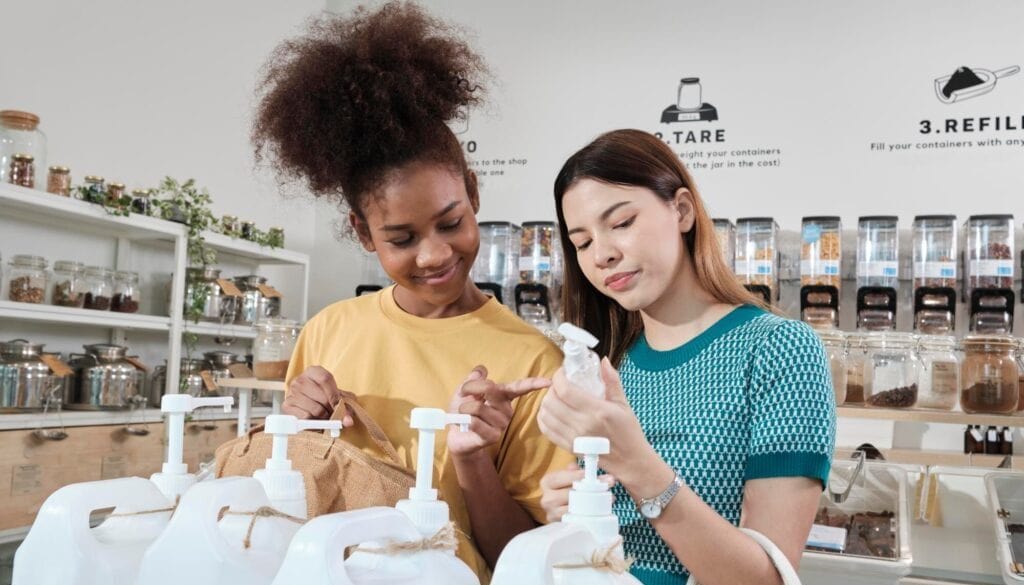 Two women refilling containers at a sustainable packaging store.