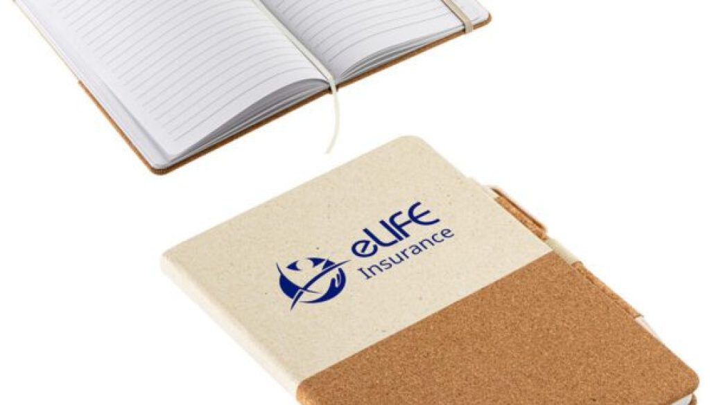 Branded notebook and planner with Aloe Insurance logo for promotional use.