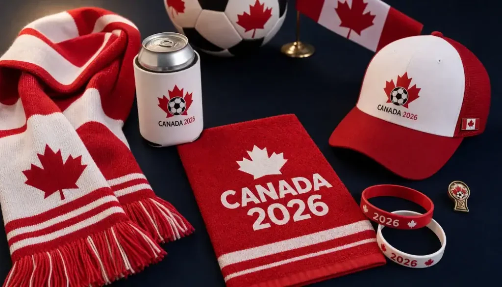 Custom branded World Cup 2026 promotional products including Canadian flag scarf, koozie, rally towel, cap, and wristbands on dark navy background