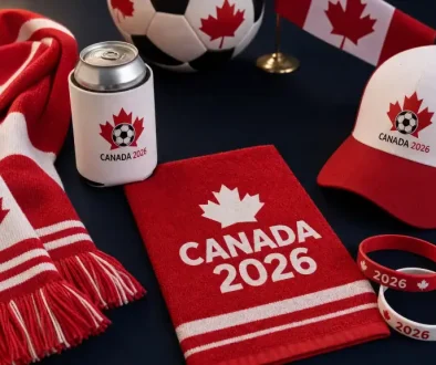 Custom branded World Cup 2026 promotional products including Canadian flag scarf, koozie, rally towel, cap, and wristbands on dark navy background