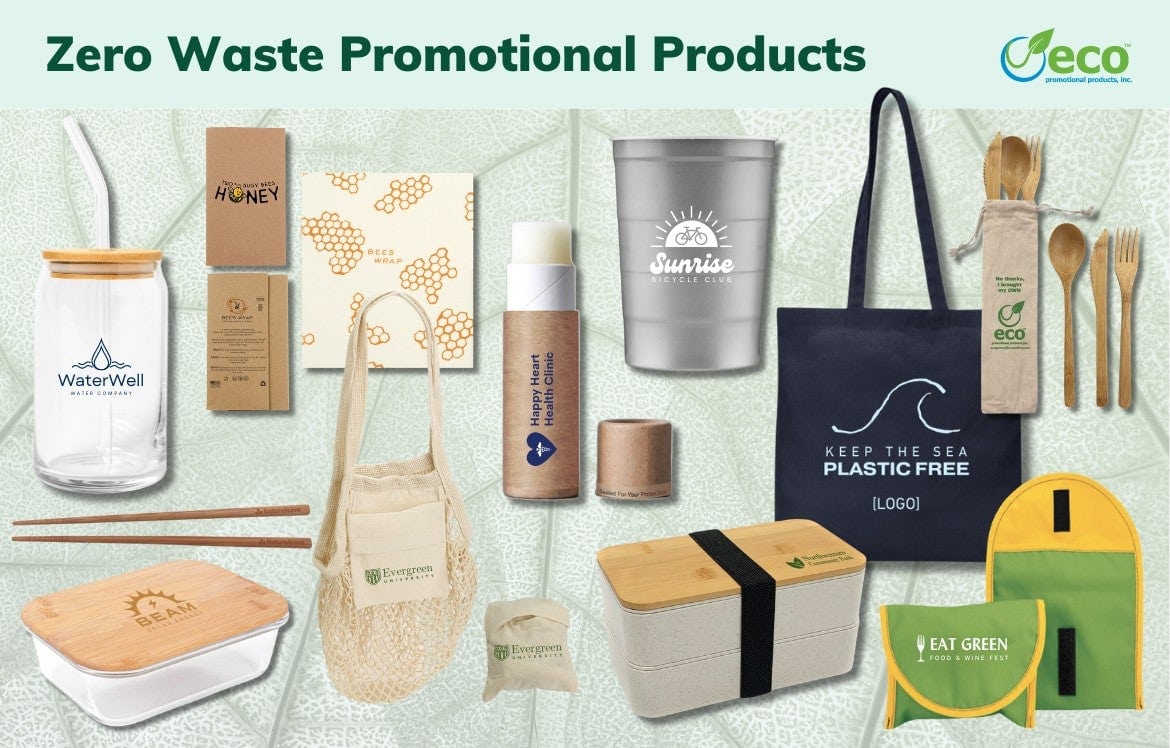 Collection of zero-waste promotional items: reusable containers, bags, utensils, and packaging.