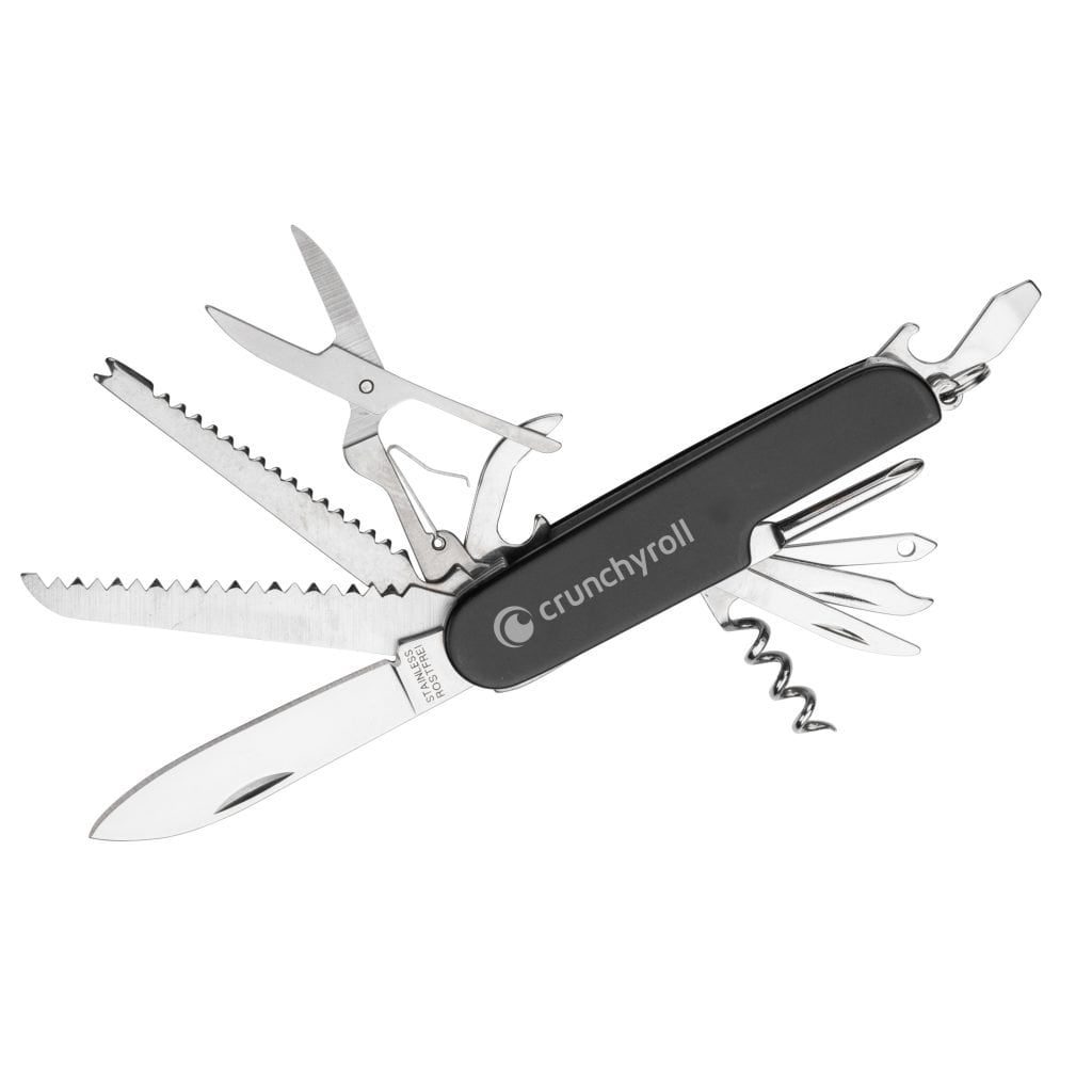 Multi-tool pocket knife with various functions and tools for outdoor use.