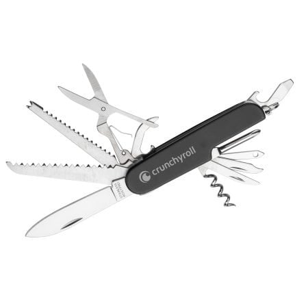Multi-tool pocket knife with various functions and tools for outdoor use.