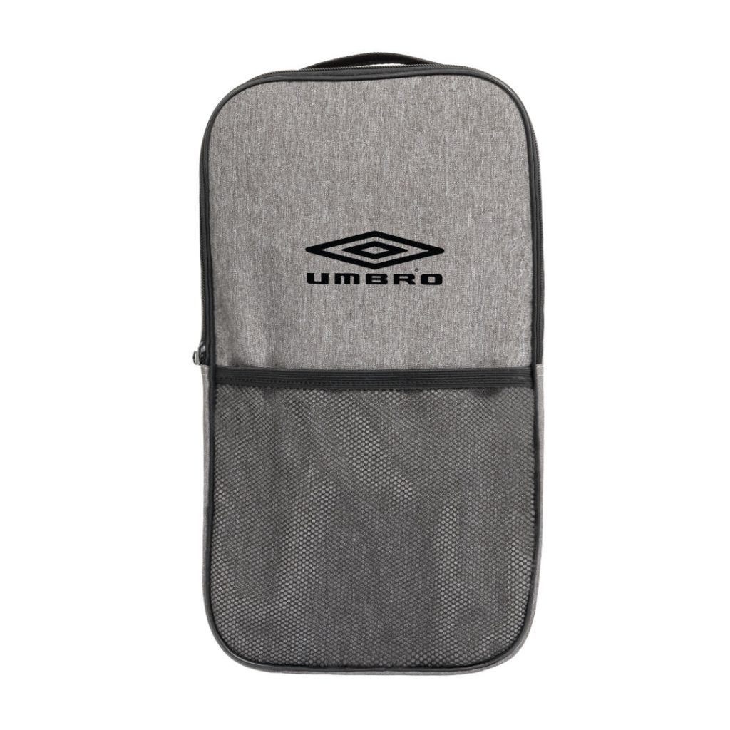 Gray Umbro backpack-style pouch with a zip top and a large front mesh pocket.