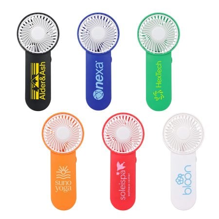 Six colorful handheld fans with round blade guards and branded handles in black, blue, green, orange, red, and white.