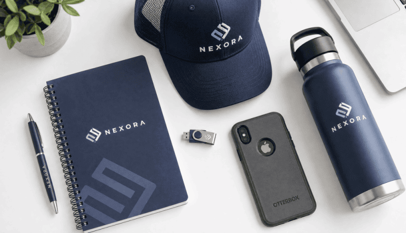 Back-to-school corporate swag flat-lay featuring branded notebook, trucker cap, USB drive, OtterBox phone case, and water bottle on white desk