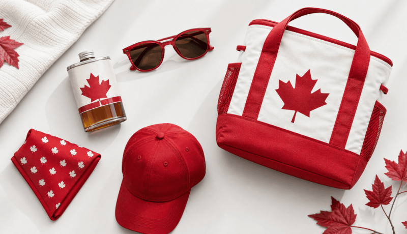 Canada Day promotional items flat-lay featuring maple syrup flask, red sunglasses, tote cooler, pet bandana, and red cap on white background