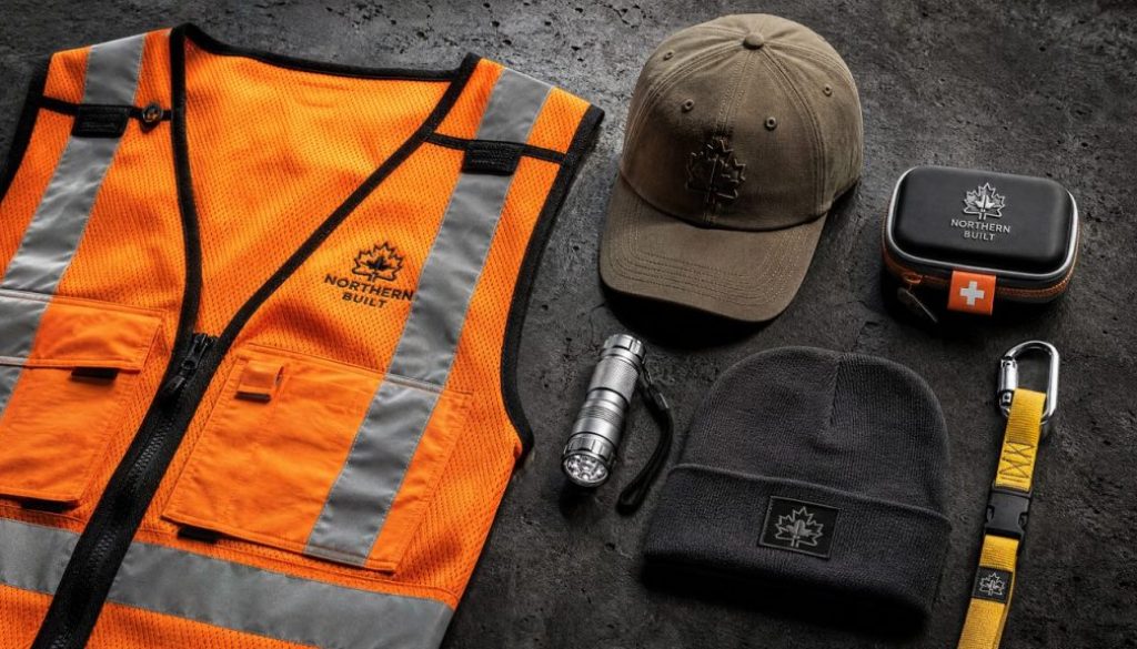 Custom construction safety swag flat-lay: orange hi-vis vest, duck canvas cap, LED flashlight, first-aid case, beanie toque, and safety lanyard on concrete